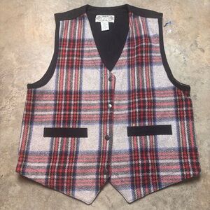 Angelique Vintage Wool Black Suede Trim Plaid Design Button Up Vest Sz L